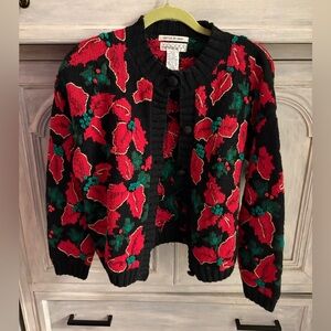 Vintage Hand Knit Chunky Poinsettia Christmas Cardigan Grandma Statement Cozy‎